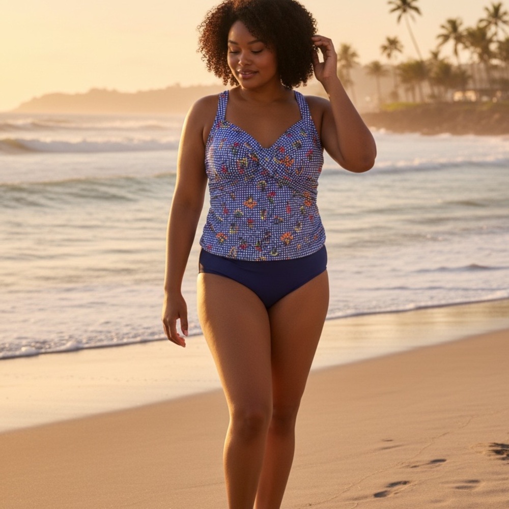 Lands' End Blue Floral Gingham Tankini Top with Navy Bottoms